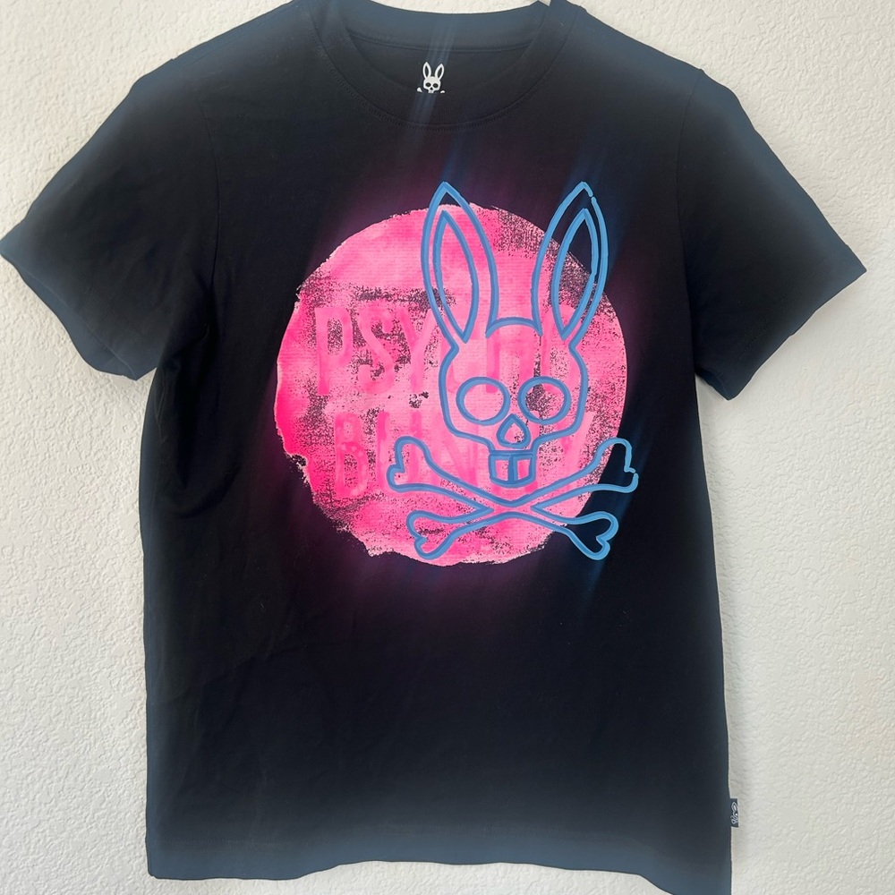 Psycho Bunny Black Tee with Pink Circle & Blue Bunny Skull